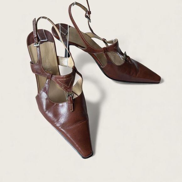 Y2k Vintage Franco Sarto Brown Leather Slingback Heels T-Strap Pointed Toe 7.5 - Picture 1 of 7